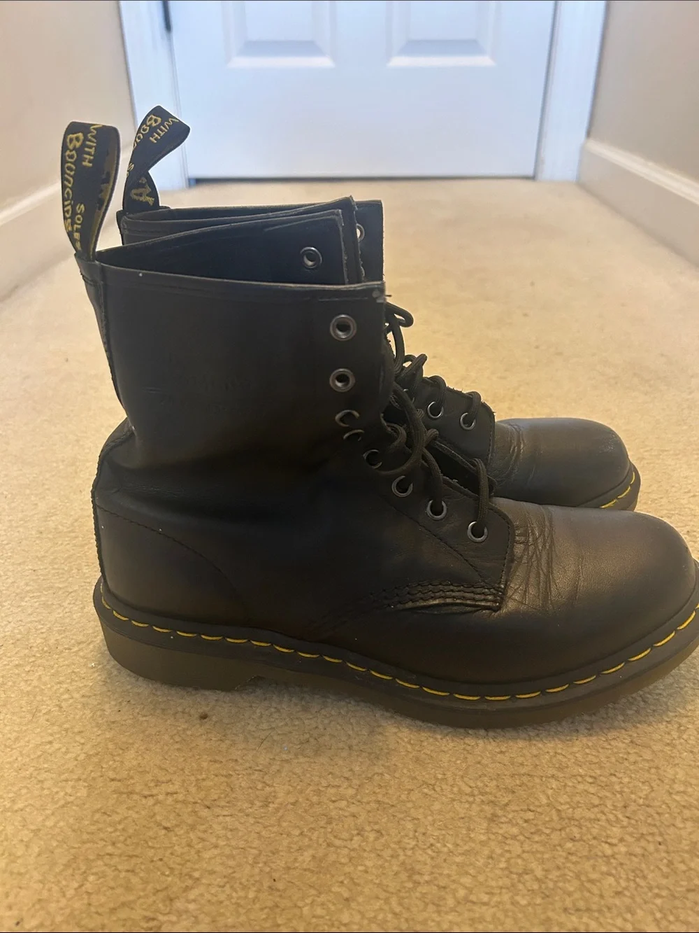 Unisex Dr. Martens 1460 Black Leather Lace-Up Boots with Yellow Stitching